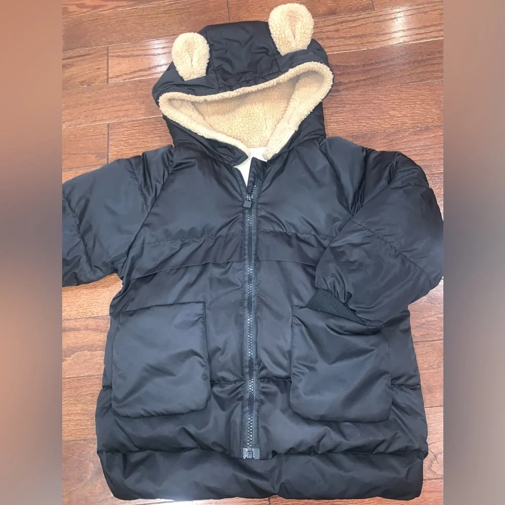 Kids 4–5T Black Puffer Coat + Wool Himalayan Knit Hat Set | Unisex Winter Bundle